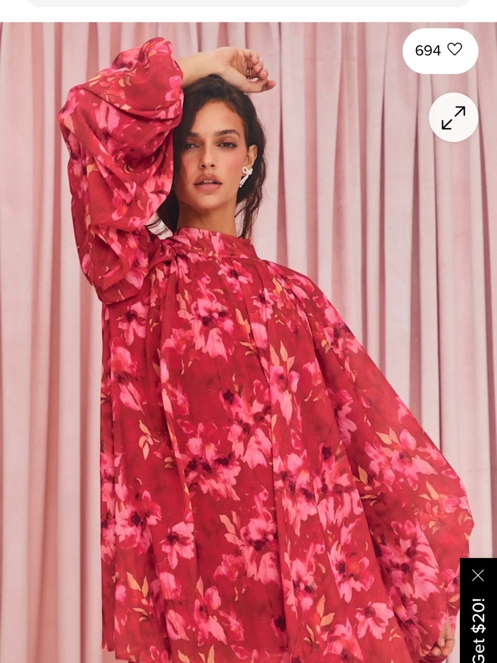 Lulu's Red and Pink Floral Balloon-Sleeve Blouse